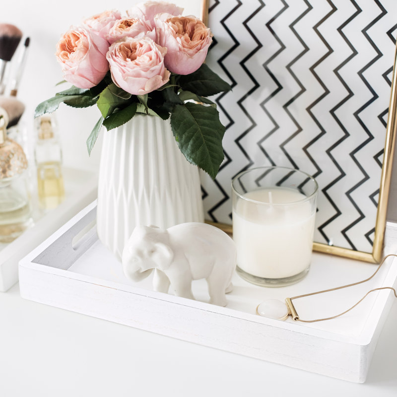 Large Rectangular Wooden Decorative Serving Tray, White