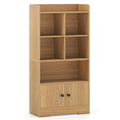 Étagère moderne à 4 niveaux avec 4 compartiments ouverts et 2 portes à fermeture magnétique, tablette de rangement compacte pour salon, couleur naturelle