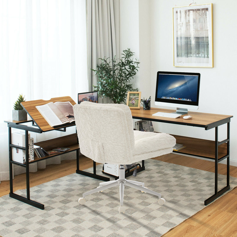 26.4" Wide Faux Rabbit Fur Vanity & Office Chair, Adjustable Swivel Desk Chair With Metal Base, Cream