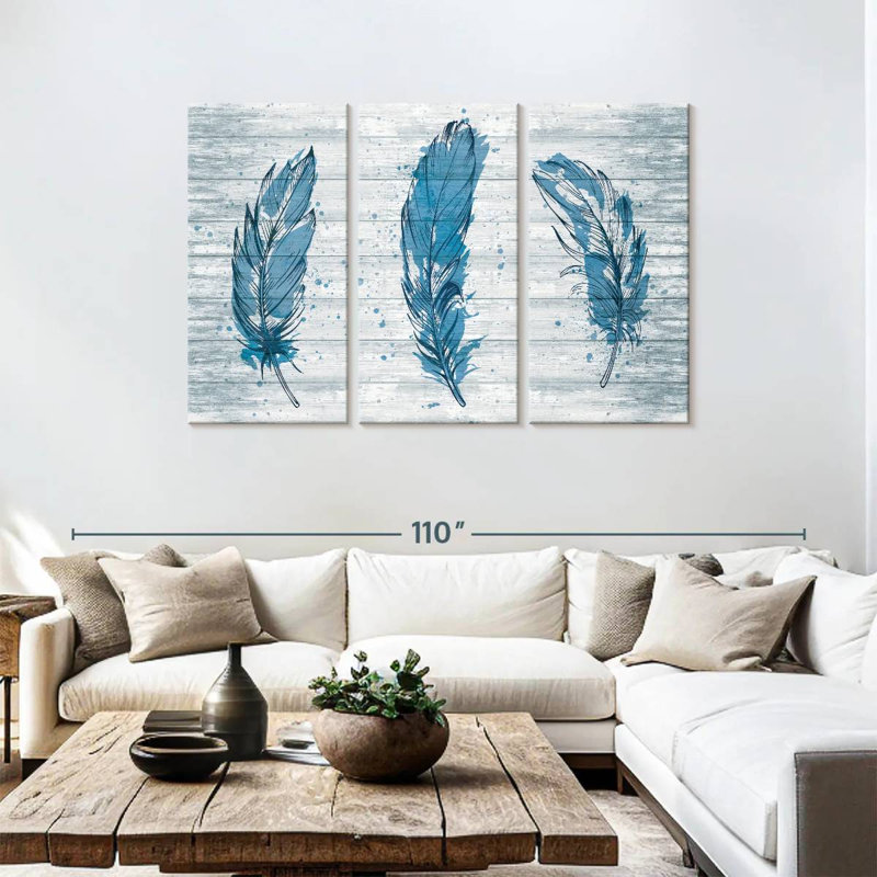 Kerner Blue Feathers On Wood, 48" H x 74" W