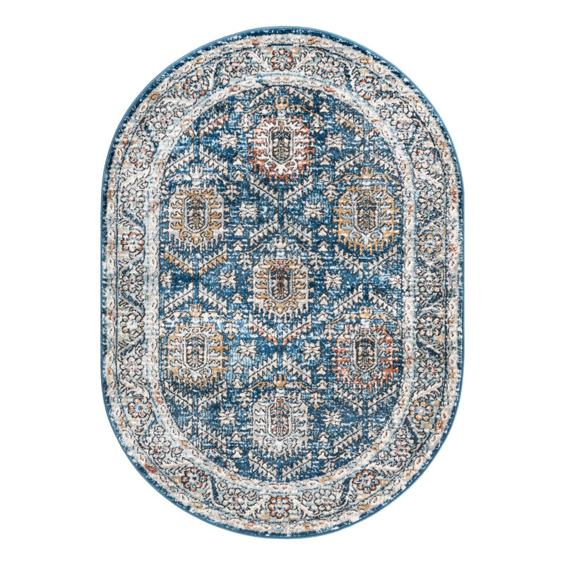Tapis oriental bleu / blanc cassé / brun clair Weingartner, Ovale 5 pi 3 po x 8 pi