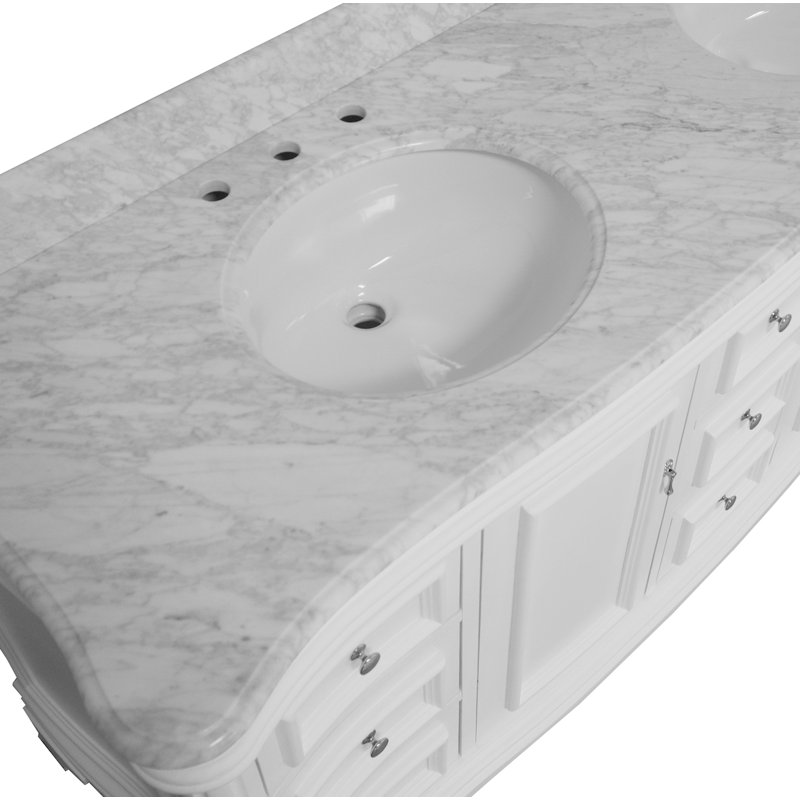 Ensemble de meuble-lavabo double 72 po Twain avec rangement blanc et comptoir en marbre de Carrare, Marbre de Carrare, Blanc