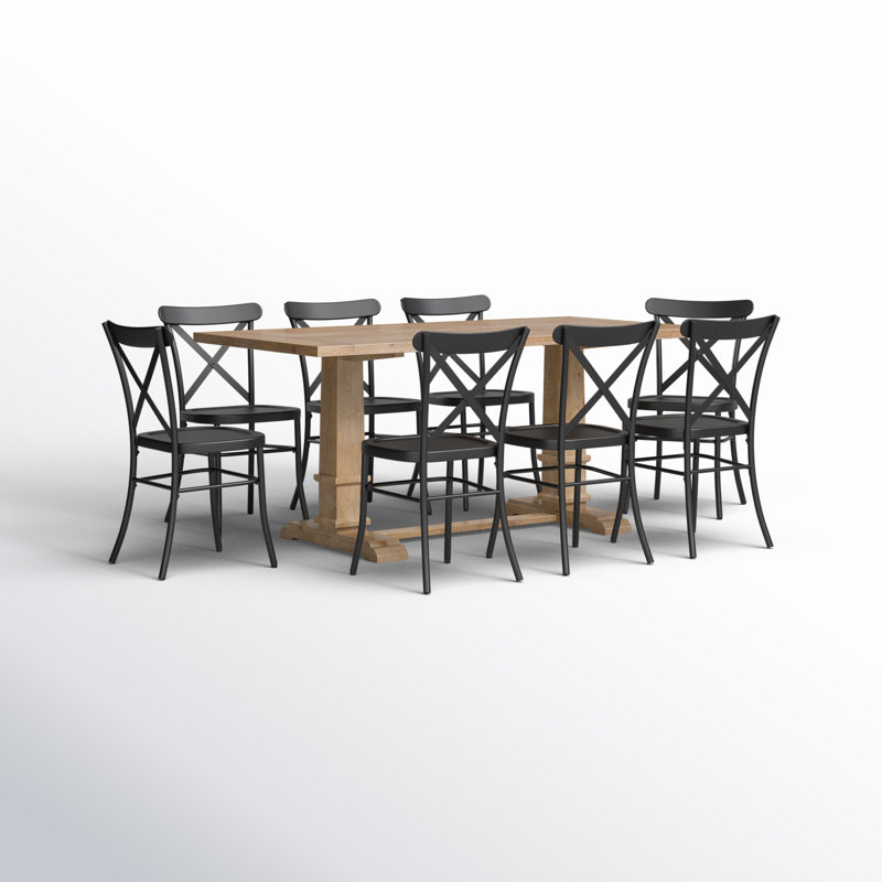 Heymann Trestle Dining Table with Steel Chairs, 9 Pieces: 1 Table, 8 Chairs