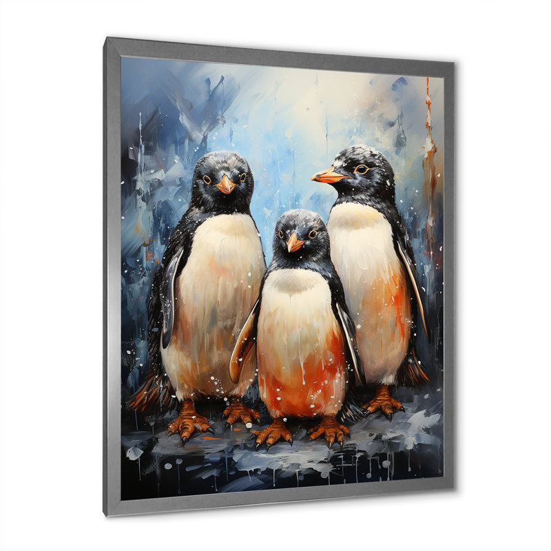 «Winter Feathers Penguin Family» - Art mural pingouin, Cadre simple argenté, H 32 po x l 16 po x P 1 po