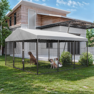 Outdoor Metal Dog Kennel With UV-Resistant Roof Foldable Panels And Secure Frame 7.5X5cm Mesh Black