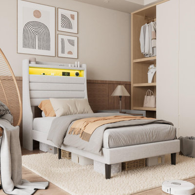 Twin Bed Frame with Charging Station, LED Lights & Upholstered Storage Headboard, No Box Spring Needed