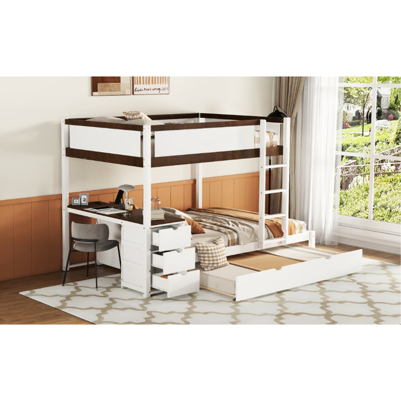 Lit superposé avec lit gigogne simple, blanc et noyer, ports de bureau, tiroirs cachés pour lit gigogne dans le lit, 2 et trois trous,