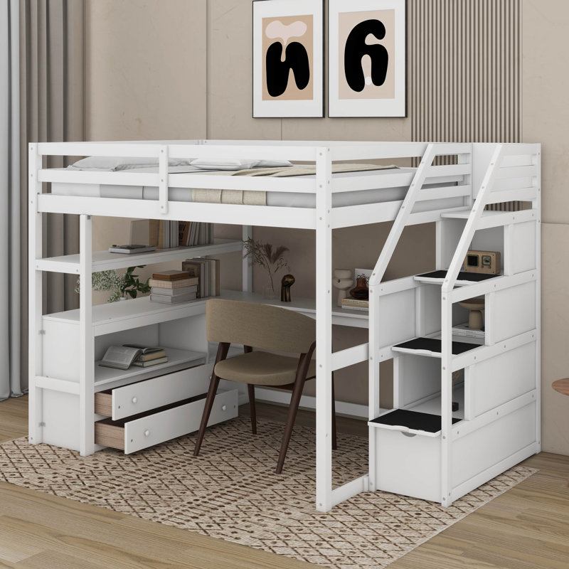 Lit mezzanine double avec bureau et tablettes, White
