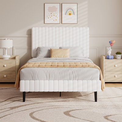 Velvet Upholstered Platform Bed Headboard and footboard with soft-padded vertical channel quilting