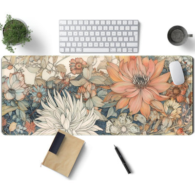 Grand tapis de bureau japonais à motif floral minimaliste à motif de fleurs XL avec bords cousus, grand clavier d'ordinateur portable et tapis de souris pour décor de bureau pour femme, 11,8 x 27,6 po
