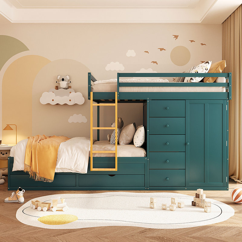 Full Size Bunk Bed with 7 Drawers & Mini Wardrobe, MDF & Solid Wood, Storage Bunk Bed with Ladder and Guardrails –Morandi Green