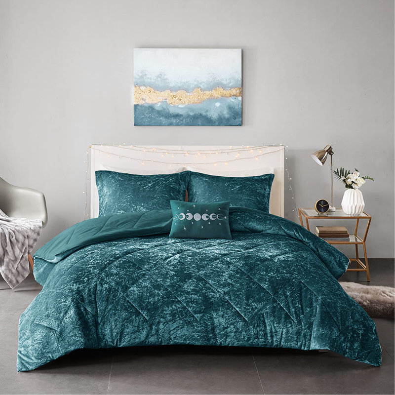 Édredon simple / simple TG avec housse en velours - diamant bleu sarcelle avec coussin décoratif lavable à la machine, fer à repasser à vapeur