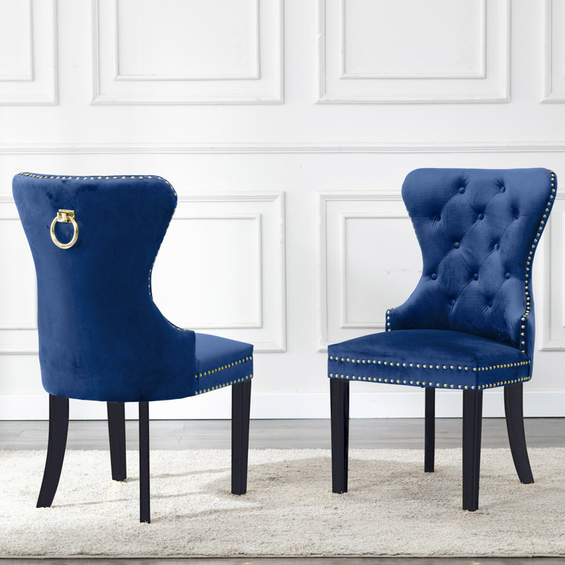 Gislene Tufted Velvet Dining Chair with Rubberwood Legs, Blue Velvet, Black