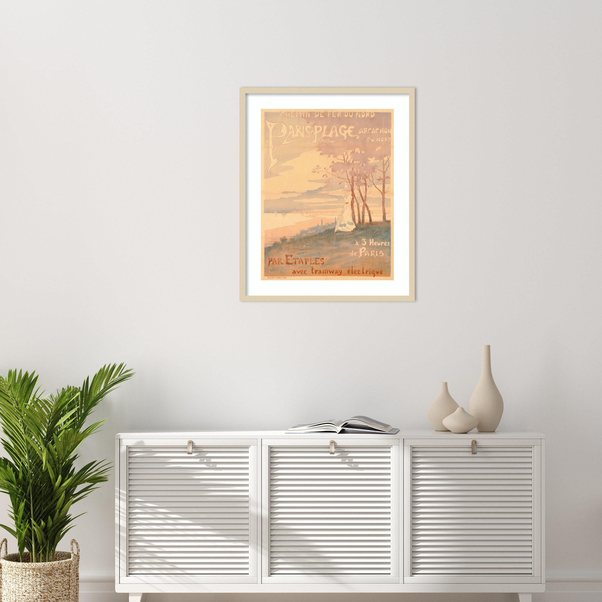 Poster Advertising Trams to Paris Plage by French School (19th century) Wood Framed Wall Art Print, 33" H x 27" W, Brown 