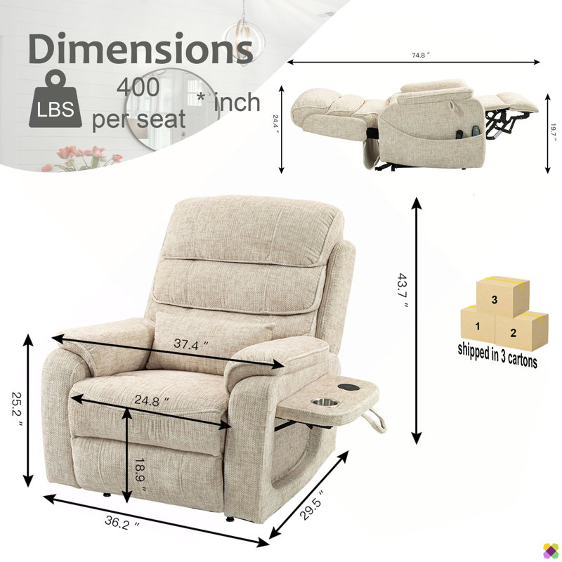 Emryn 36.2"W Chenille Liftable Recliner, Dual Motors, Cup Holder & Phone Charger, Light Beige