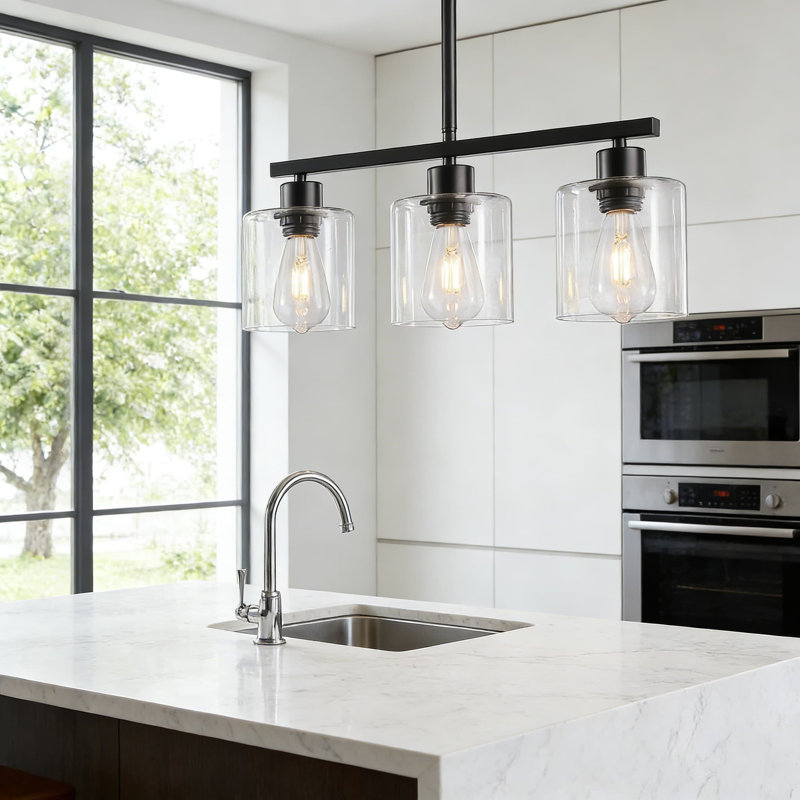 Luminaire suspendu 3 lumières pour îlot de cuisine et salle à manger, style campagne moderne avec abat-jour en verre transparent, hauteur réglable, base E26 compatible avec les ampoules à intensité variable