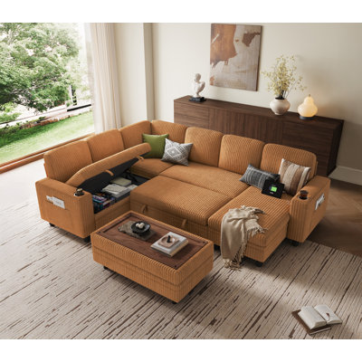Sherry 106" Upholstered Modular Sectional with Sotrage Ottoman & USB Charging