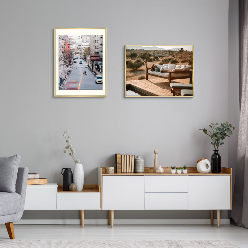 Cadre photo en métal avec passe-partout - Basics by Wayfair ™, 18 po x 24 po emmêlé à 16 po x 20 po, Or