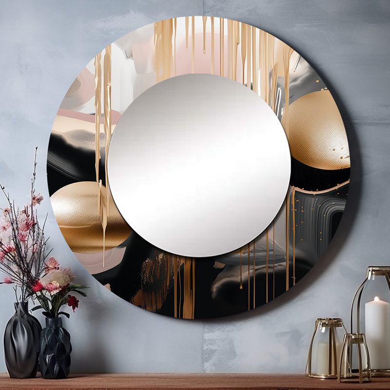 Oriyana or et marbre noir Expression II - miroir mural décoratif en marbre, grand miroir rond doré, impression d'art en métal