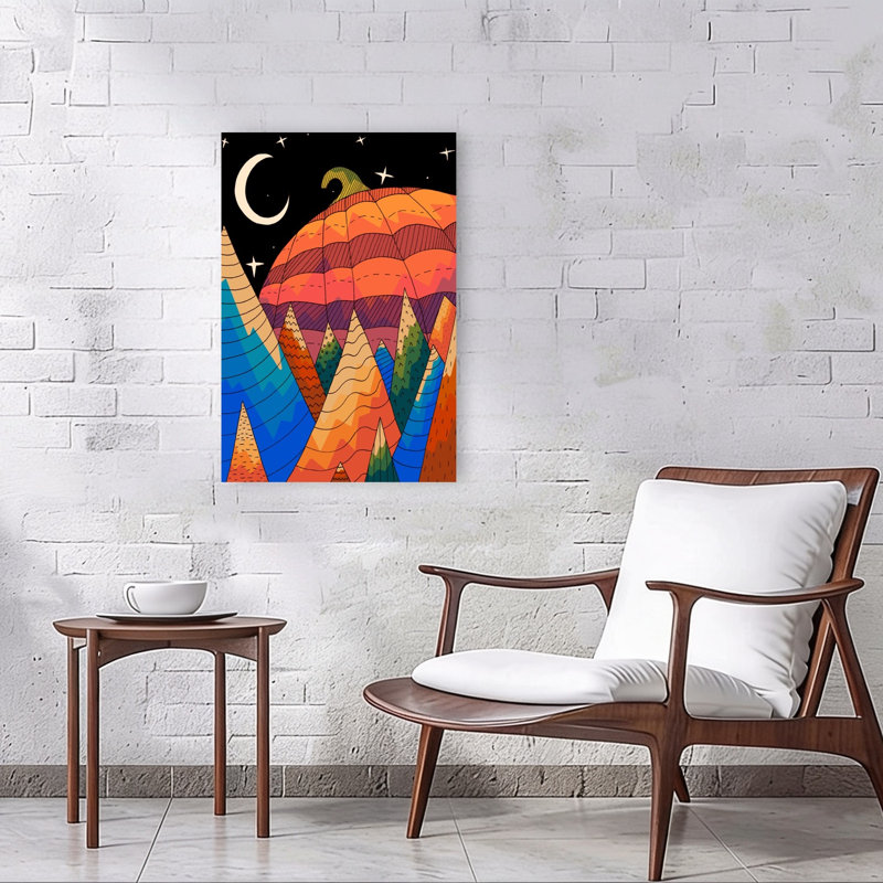 Impression d'art mural représentant un paysage d'automne coloré, onirique et vibrant avec une citrouille nocturne d'automne