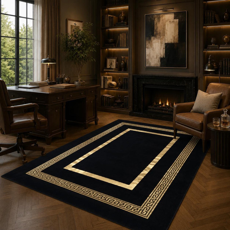 Tapis noir doré moelleux, tapis en fausse fourrure douce, bordure géométrique moderne, 8 x 10 pi