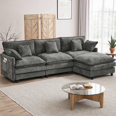 101.9" L-Shaped Chenille Sectional Sofa with Movable Footstool, Cloud Couch with Foam & Spring Cushions, Modular 3-Seater Sofa for Living Room, Bedroom, Apartment