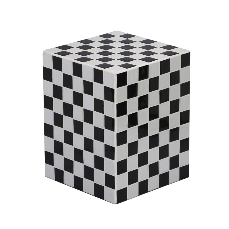 Callista Modern 18" Light Gray/Black Ceramic Tiled Cube Side Table, Glossy Square Mosaic Pedestal Accent End Table for Living Room & Bedroom