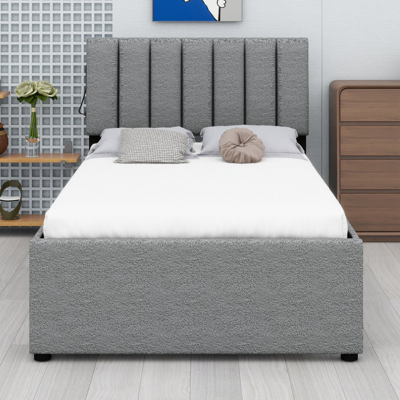 Lit plateforme tapissier avec lit gigogne, gris