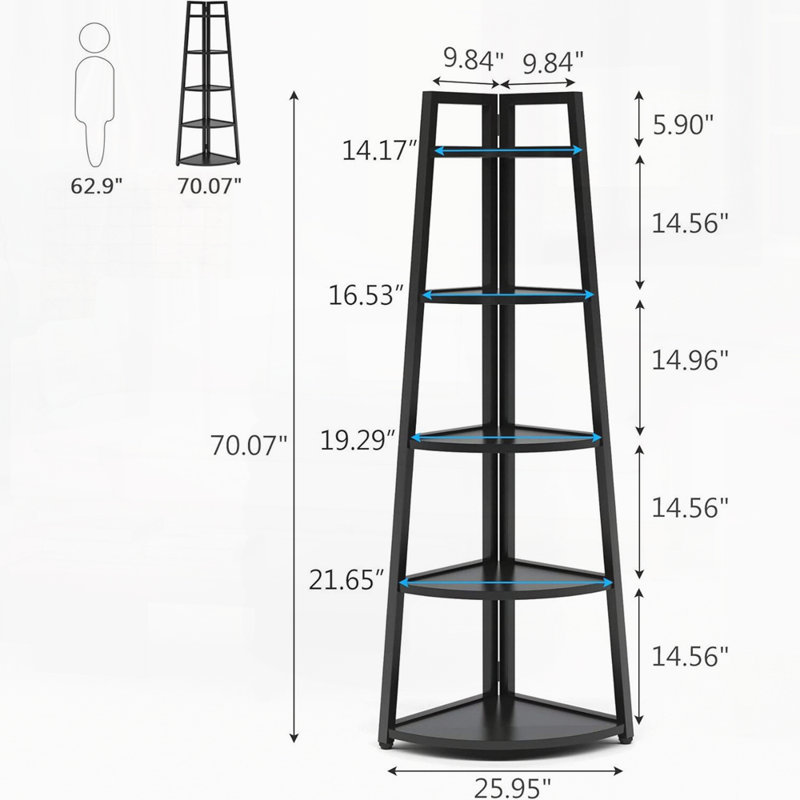 70,07 po de hauteur, tablette d'angle à 5 niveaux, Noir
