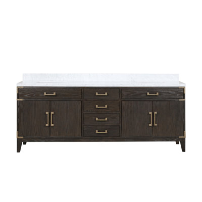 Brown Oak Double Bath Vanity 84 In. W X 22 In. D, With Carrara Marble Top