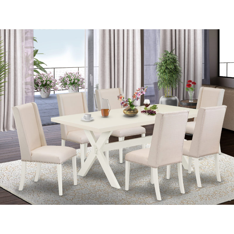 Ensemble de table de salle à manger 7 pièces 7 pièces Modernes, Lin blanc, Lin blanc brossé, Crème, crème