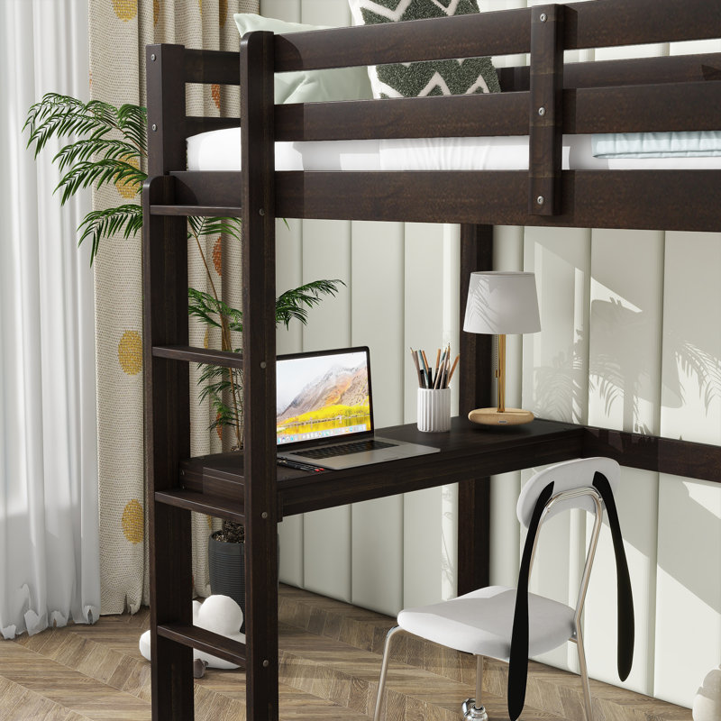 Lit mezzanine simple avec bureau intégré, échelle et garde-corps de sécurité, bois d'hévéa, finition espresso
