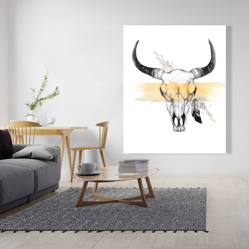Crâne de vache avec plume - Toile animaux rustiques, H 48 po x l 36 po