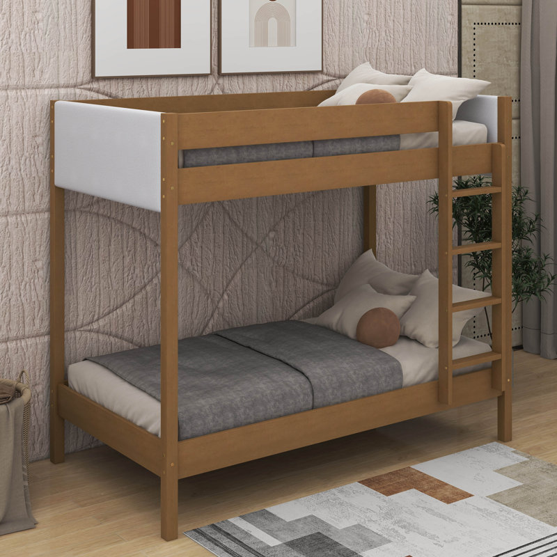 Twin Over Twin Bunk Bed, Upholstered Bunk Bed Frame With Ladder, Safety Guardrails,Rubber Wooden,Teddy Fleece Fabric Headboard/Footboard