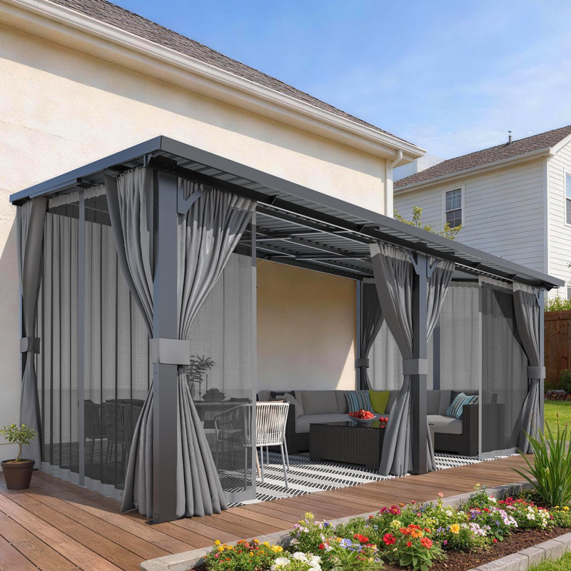 Pergola d'extérieur robuste à toit rigide avec rideaux et filet, 98.4" H x 192" W x 120" D