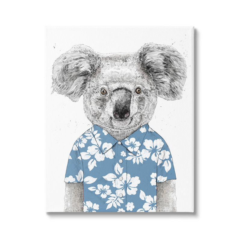 Chemise Aloha monochrome bleue koala Hibiscus Botanicals par Balazs Solti, L 16 po x H 20 po, Toile tendue