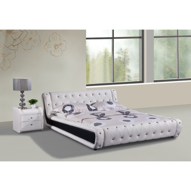 Malikaih Vegan Leather Platform Bed, California King, White and Black