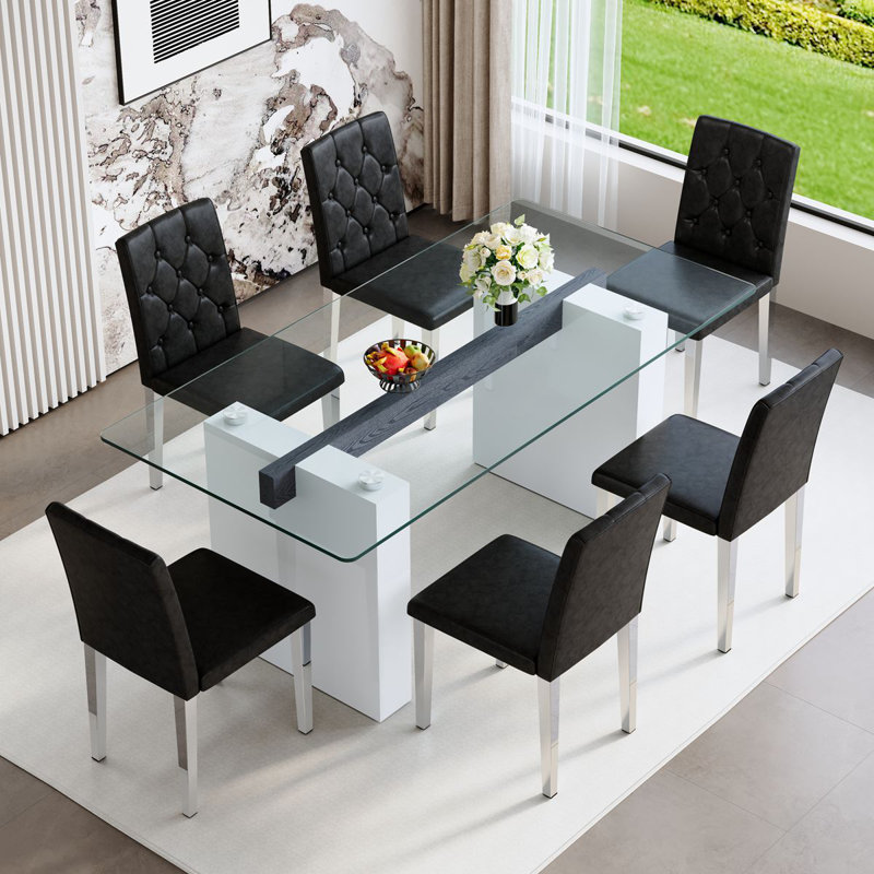 71" Modern Dining Table Set With PU Leather Chairs, Elegant Kitchen Table For Family Meals, Black, 7 Pieces: Table, 6 Chairs