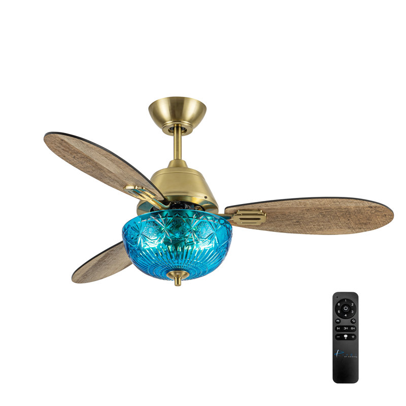 42"W Valencia LED Indoor Hand-Cut Glass Ceiling Fan With Remote Control, Gold with Brown Blades