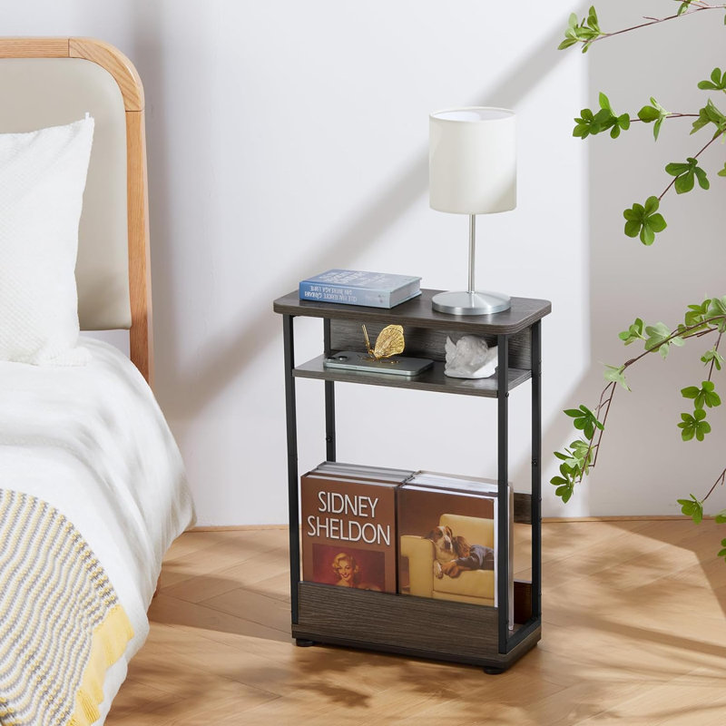 Industrial Rustic 3 Tier Side Table With Magazine Rack, Grey