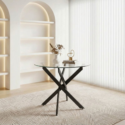 Table de salle à manger ronde, table de salle à manger en verre de 35,5 po avec pieds noirs, table de cuisine moderne pour la maison, salle à manger