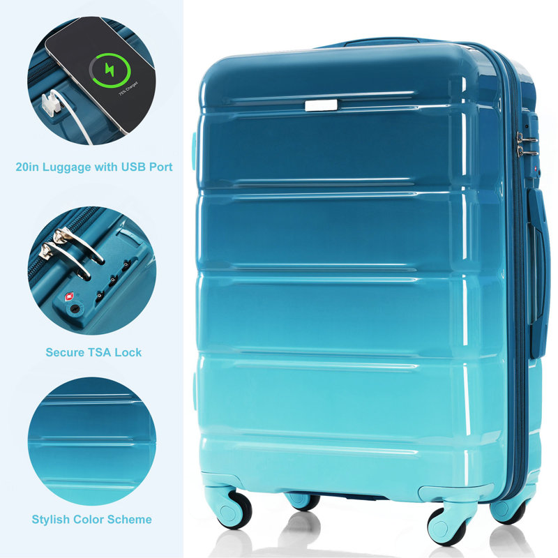 Ensembles de bagages 5 pièces, 20 pouces avec port USB, valise durable en ABS avec sac de voyage, bagage rigide en ABS + PC avec roues pivotantes