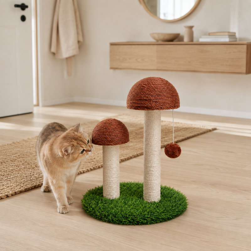 Double poteau à griffer pour chat avec colonnes en sisal, jouet suspendu et base en forme d'herbe, 11,8 po x 17,7 po
