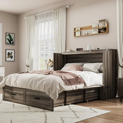 Queen Size Farmhouse Wood Murphy Chest Bed, Space-Saving Hidden Folding Storage Cabinet Bed with Drawer & Built-In Charging Station for Bedroom & Office