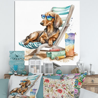 Chien se prélassant sur la plage avec des lunettes de soleil IV - reproduction d'art sur toile