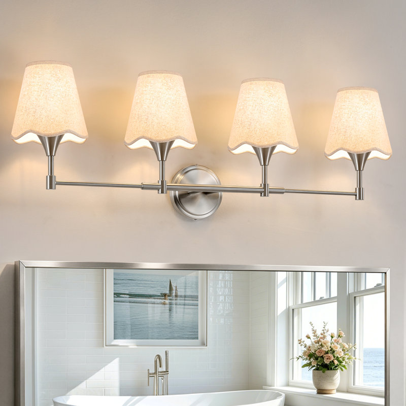 Luminaire de salle de bain à intensité variable 4 lumières 35 "avec abat-jour en lin, H 11,8 po x l 34,65 po x P 7,48 po, 4