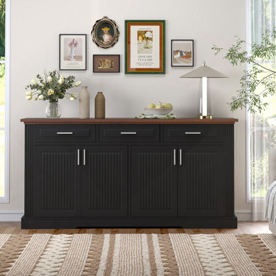63" Fluted Sideboard Buffet Cabinet With Storage, Modern Coffee Bar Station With 4 Doors And 3 Drawers, Wood Kitchen Storage Console Table For Living Room Dining Room Entryway, Black