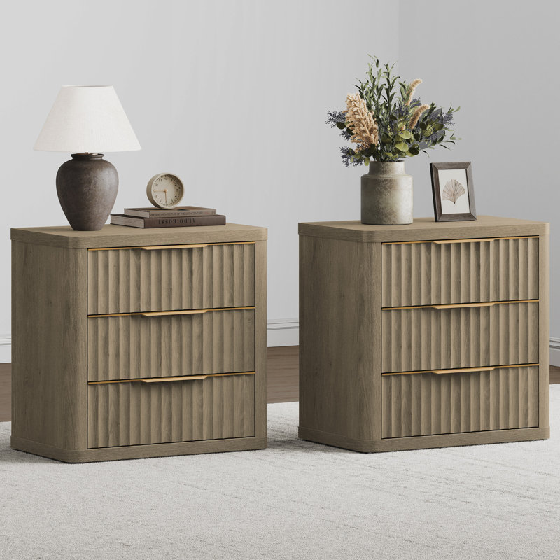 Cesiro 3-Drawer Nightstand with Metal Glides, Set of 2, Gray