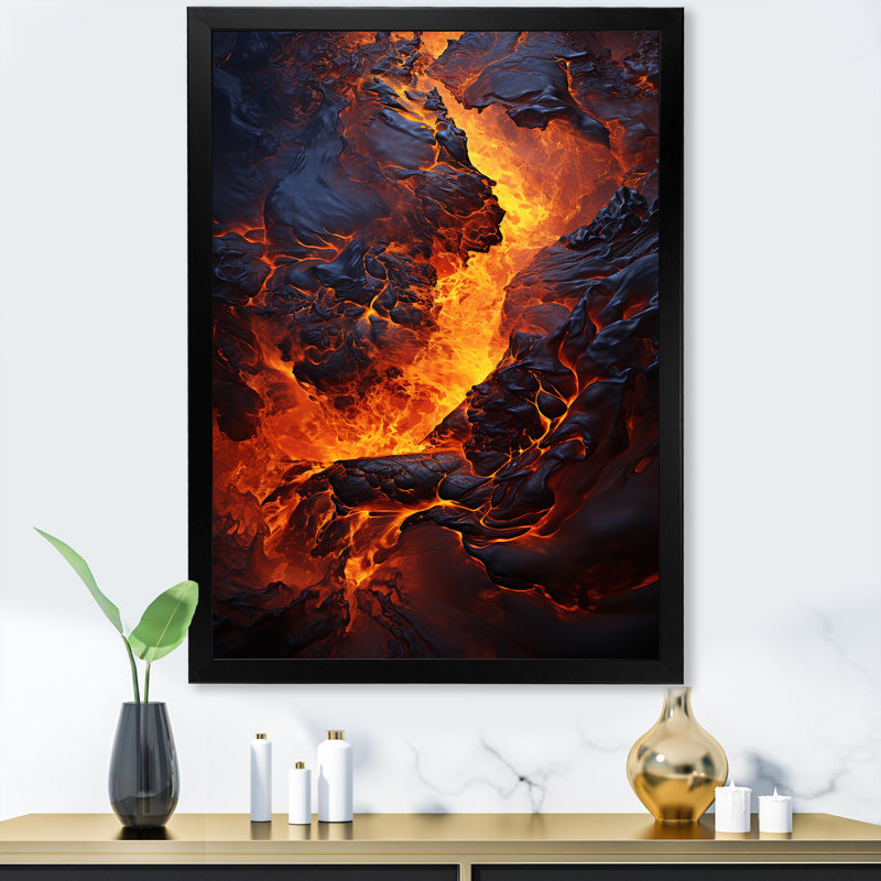 Volcan Éternelle lave sur toile, H 32 po x l 16 po x P 1 po, Cadre simple noir