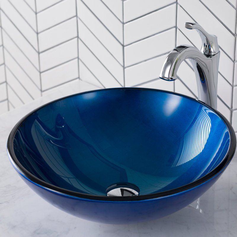 Kraus Galaxy Irruption Glass Vessel Sink with Pop-Up Drain and Mounting Ring, Blue, Chrome